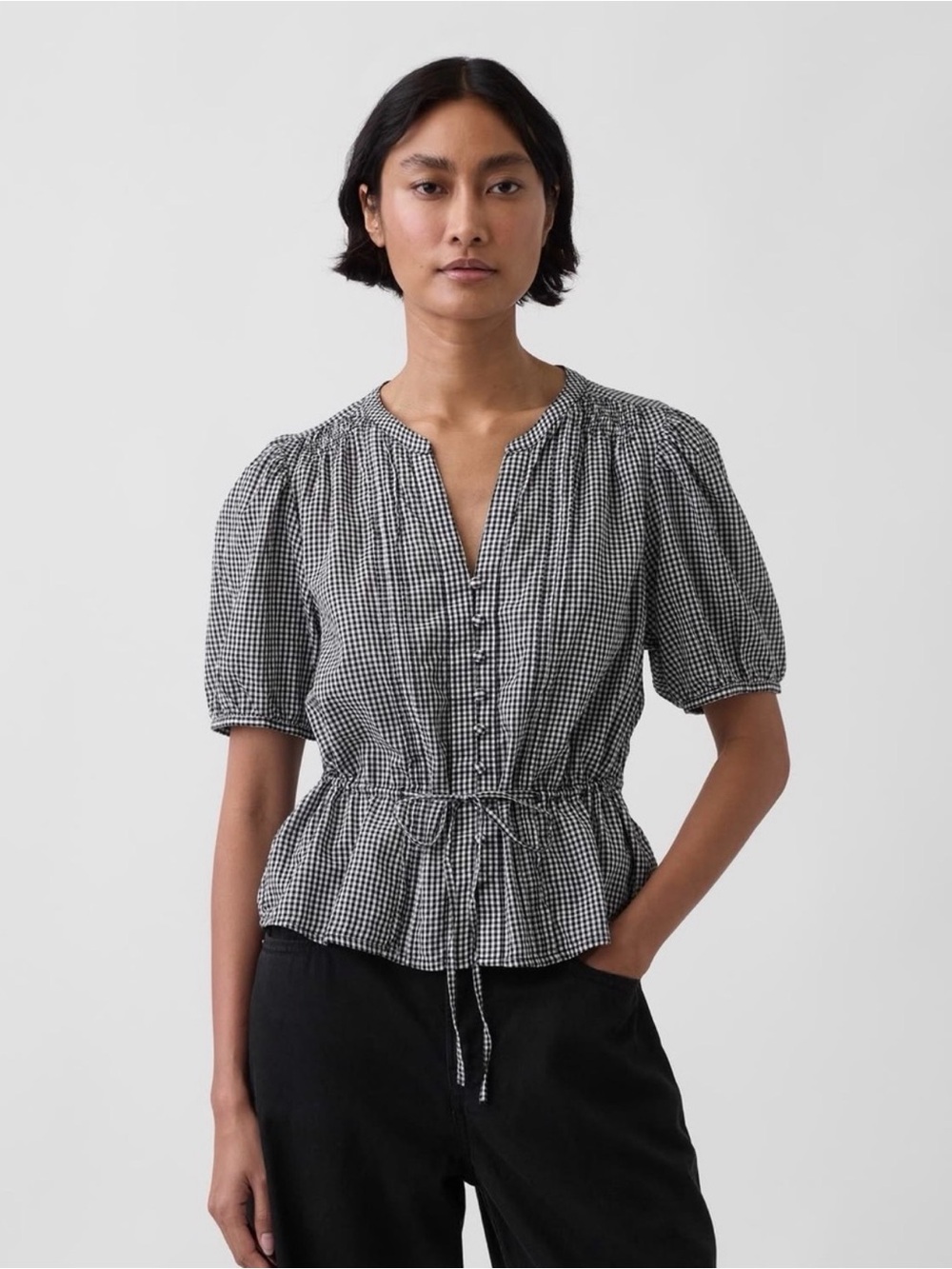 GAP Tie Waist Top in Black Gingham Size XS